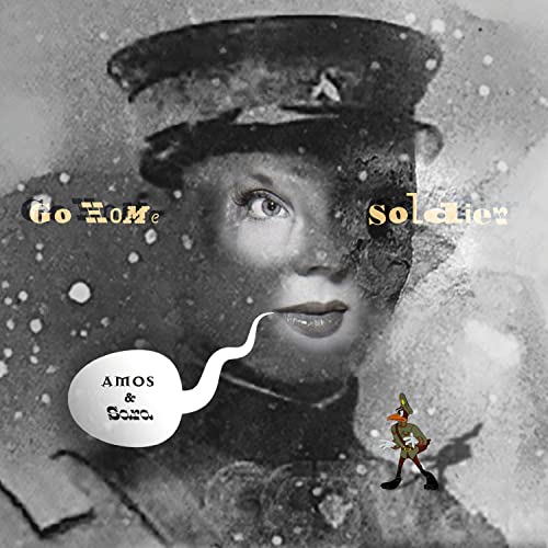 Record cover featuring a woman’s face with a soldier’s hat and cartoon figure.