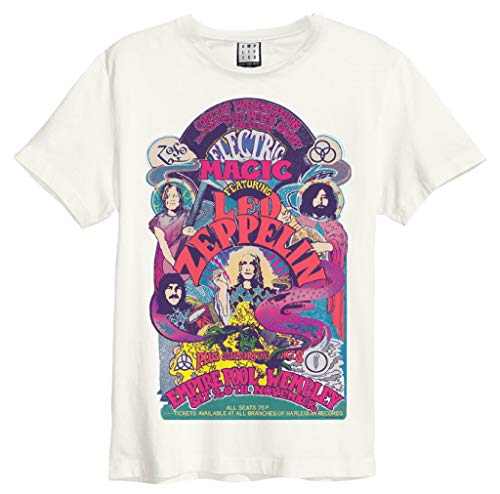 Man wearing a beige Led Zeppelin t-shirt with colorful artwork.