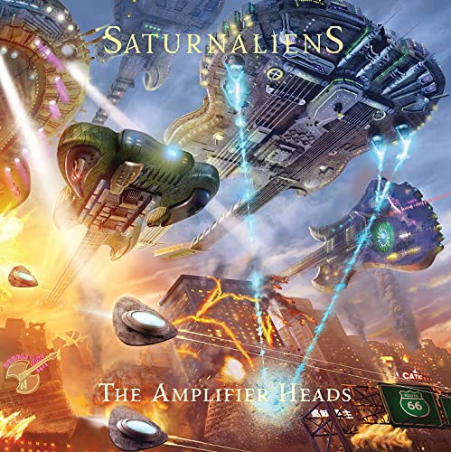 Album cover for Amplifier Heads’ “Saturnaliens” featuring sci-fi spacecraft and guitar.