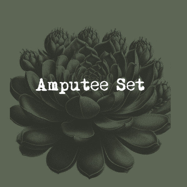 A dark green halftone succulent illustration with the white text Amputee Set centered.