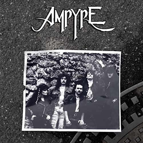 Black and white photo of a rock band, Ampyre, on a CD cover.