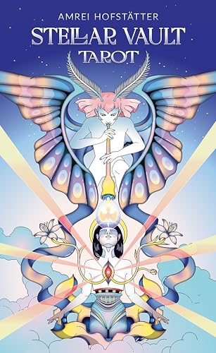 Tarot card deck cover with celestial imagery, figures, and ornate details.