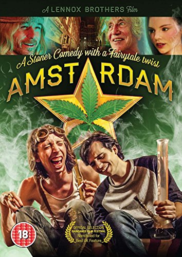 DVD cover for Amstardam featuring two men laughing, a cannabis leaf, and film title.