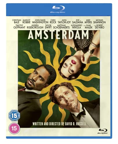 Blu-ray cover art for Amsterdam featuring three actors arranged around a central sunburst design.