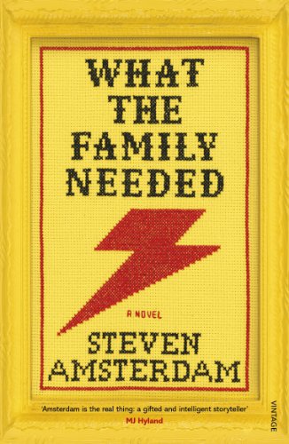 Yellow book cover with black embroidered text and a red lightning bolt.