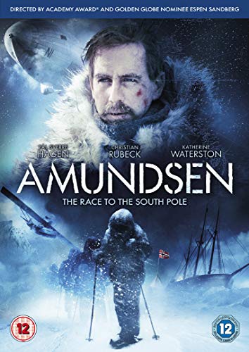 DVD cover for Amundsen showing a man in fur gear and explorers in snow.