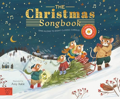 Illustrated book cover showing mice pulling a Christmas tree through a snowy landscape.
