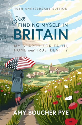 Book cover: woman with umbrella views British village in wildflower field.