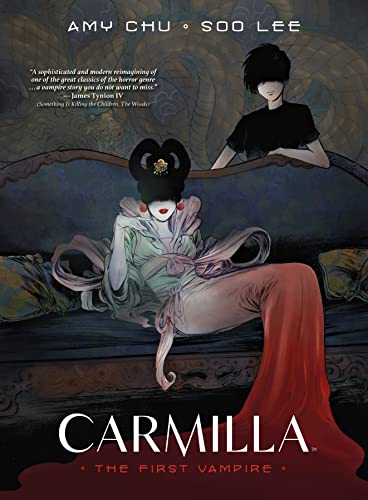 Book cover for "Carmilla: The First Vampire" featuring two pale women.