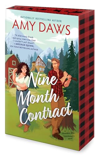 Book cover: “Nine Month Contract” by Amy Daws, featuring a couple in front of cabins.