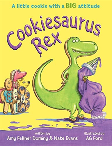 Children’s book cover featuring a green dinosaur and gingerbread people.
