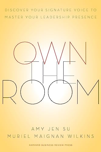 Book cover with bold red and gold text: "Own the Room" by Amy Jen Su.