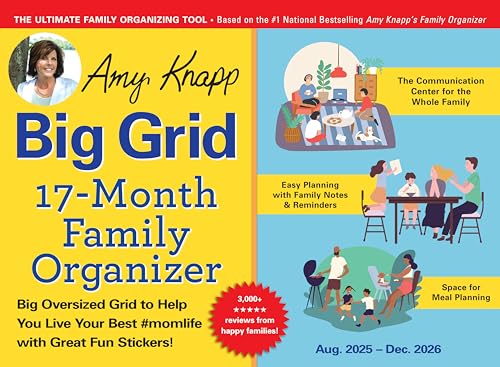 Family organizer calendar with illustrated scenes of people and a portrait.