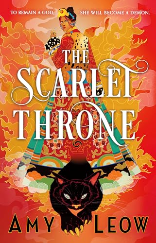 Book cover: woman in ornate dress, black cat, fiery orange background.