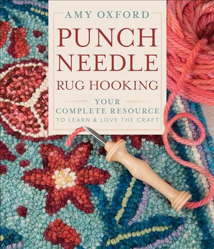 Book cover for “Punch Needle Rug Hooking” with tools and textured fabric.