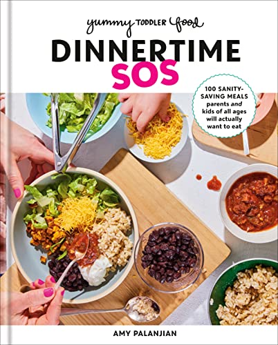 Cookbook cover with food, hands serving, and title "Dinnertime SOS".