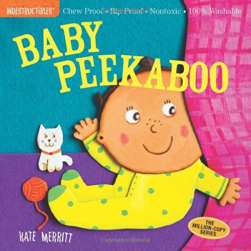 Brightly colored board book with peek-a-boo holes showing baby animals.