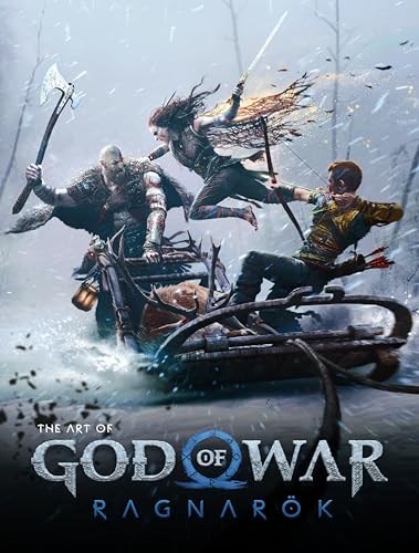 “The Art of God of War Ragnarök” book cover featuring Kratos, Atreus, and Freya.
