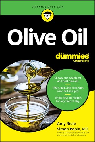 Book cover for "Olive Oil For Dummies" with oil pouring from a spoon.
