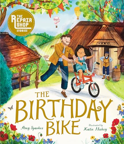 Book cover: man and child with a red bicycle near a workshop.