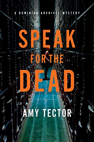 Book cover: a lone figure in a vast archive, orange title text.