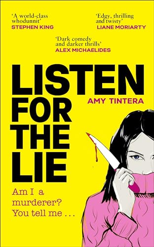 Book cover: black and yellow with a woman holding a bloodied knife.