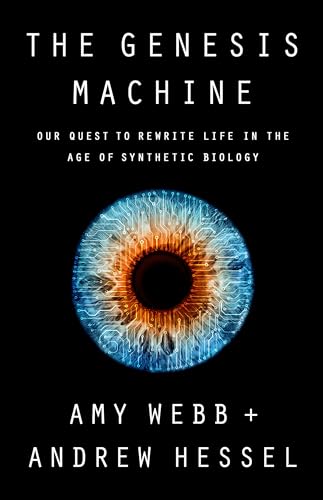 Book cover: an eye with circuit board patterns, titled "The Genesis Machine.