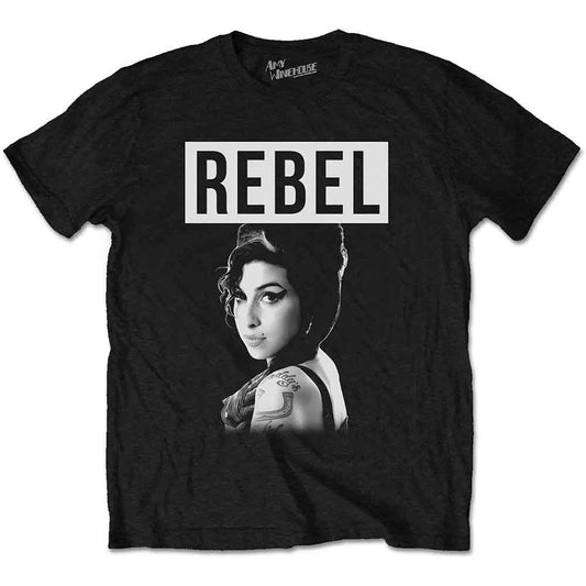 Black t-shirt with a grayscale image of Amy Winehouse and the word "REBEL".