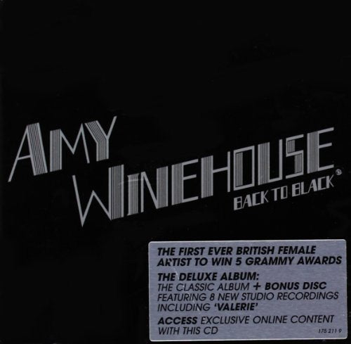 Amy Winehouse “Back to Black” CD cover, black background with white text.