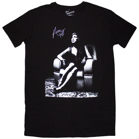 Black t-shirt with a white graphic of Amy Winehouse sitting in a chair.