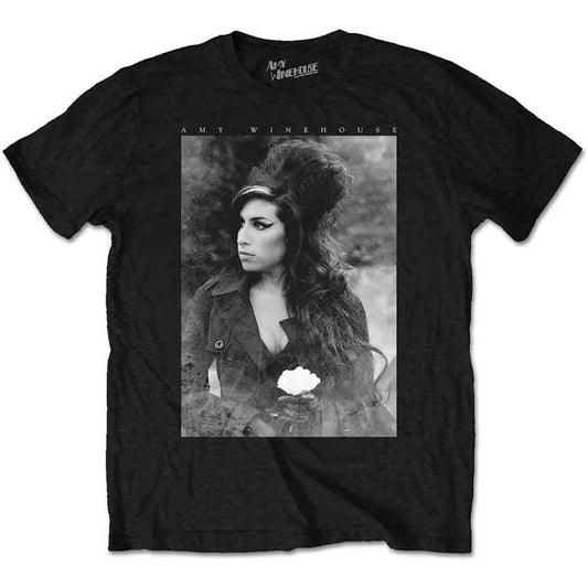 Black t-shirt featuring a black and white portrait of Amy Winehouse holding a flower.