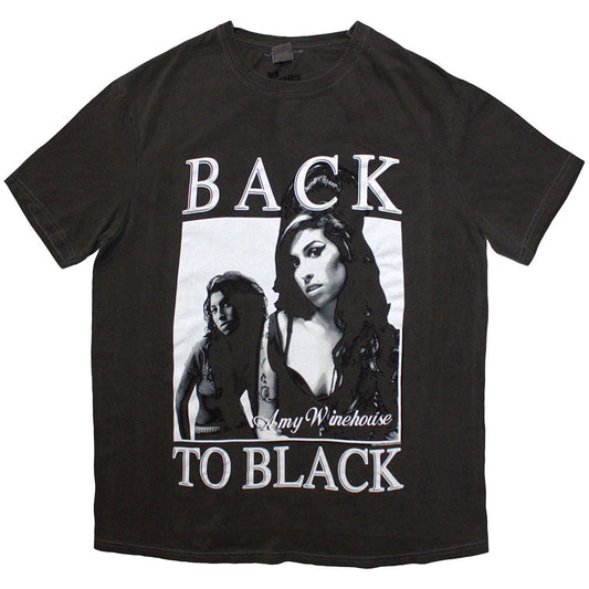 Black t-shirt featuring Amy Winehouse’s “Back to Black” album artwork.