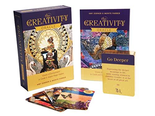 The Creativity Oracle card deck box and cards with a woman in ornate gold attire.