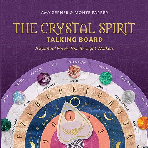 Ouija board with mandala design, planchette, and crystal imagery.