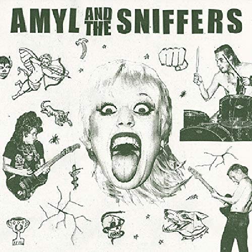 Black and white album cover featuring band members and illustrative doodles.