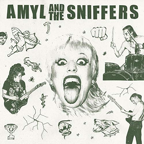 Album cover for Amyl and the Sniffers with collage-style illustrations.