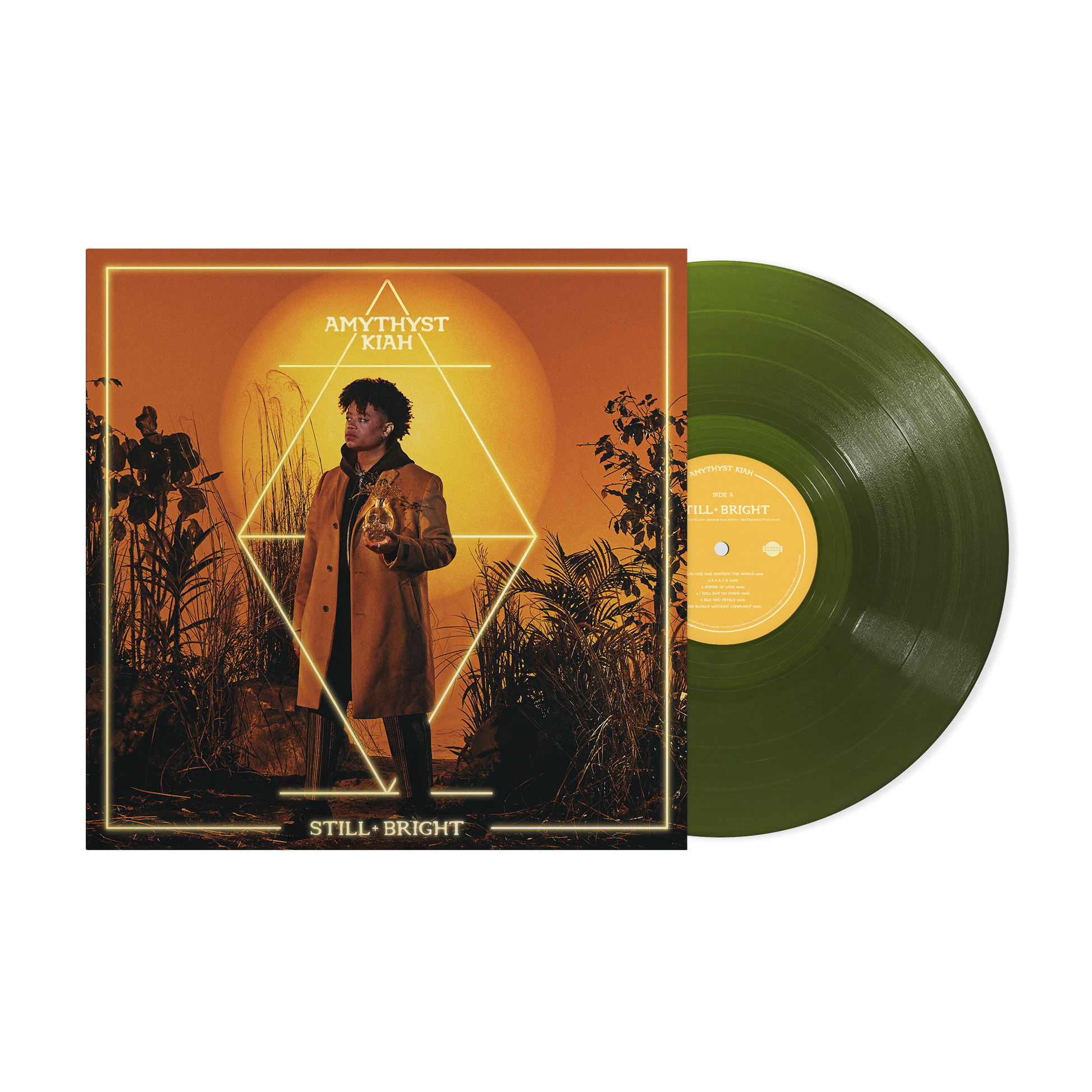 Amythyst Kiah album cover art and a forest green vinyl record on black background.