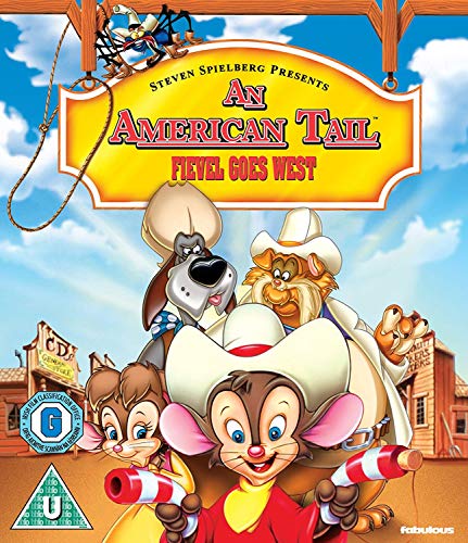 Animated characters Fievel and friends in a Western town on a Blu-ray cover.