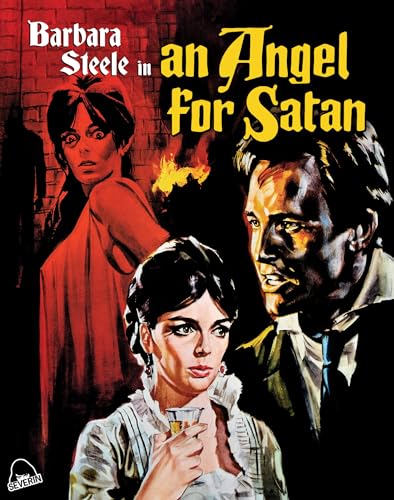 Illustrated movie poster for An Angel for Satan featuring Barbara Steele and a man.