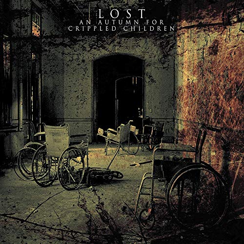 Several wheelchairs sit in a dark, weathered, and abandoned hallway with textured walls.