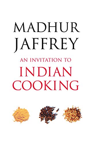 Cookbook cover: "An Invitation to Indian Cooking" by Madhur Jaffrey, spices shown.