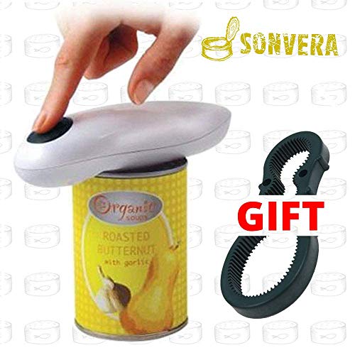 Can opener device with a can of roasted butternut squash and garlic.