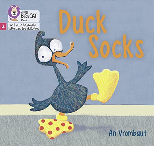 Cartoon duck wearing yellow socks and standing on a red rug.