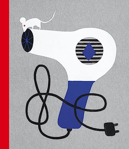 White mouse atop a large, colorful hair dryer on a gray background.