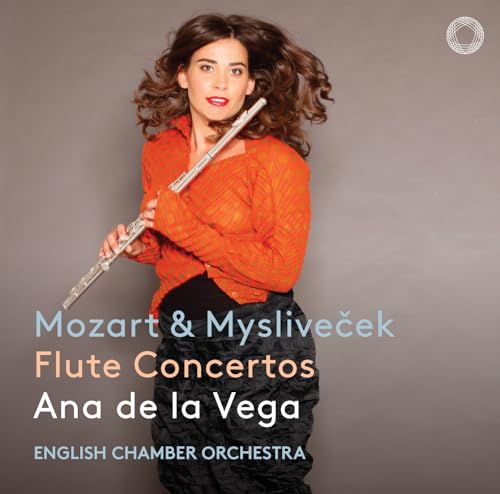 Flutist Ana de la Vega holding a flute, album cover for Mozart & Mysliveček.