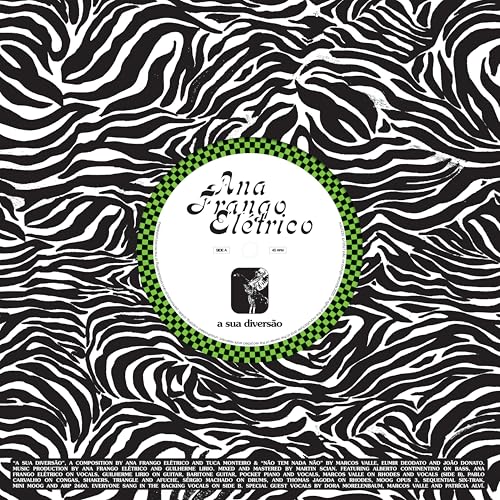 Vinyl record label with zebra stripes, green checkered border, and band name.