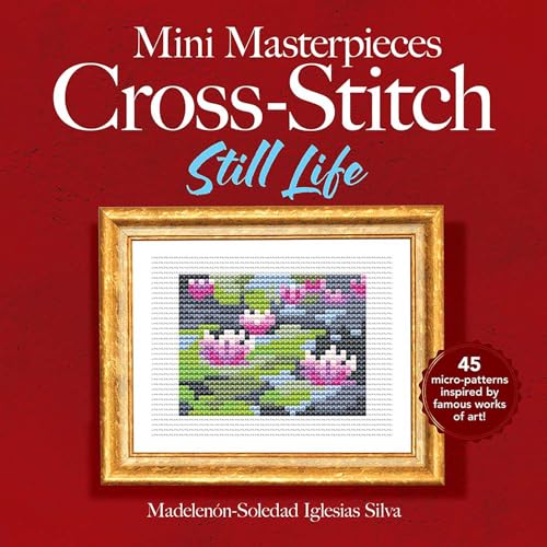 Book cover showing a cross-stitch pattern of water lilies in a gold frame.