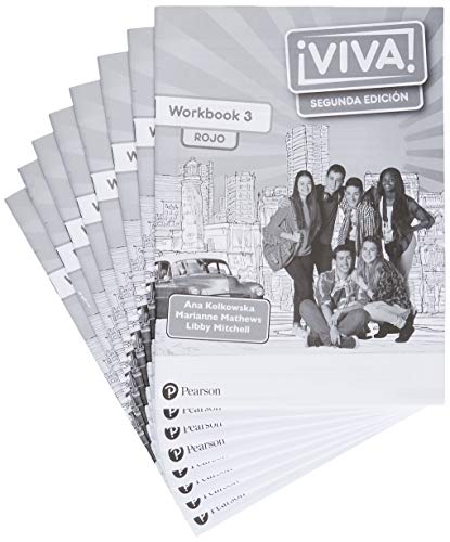 A stack of eight identical Viva 3 Segunda edición Rojo workbooks featuring student illustrations.