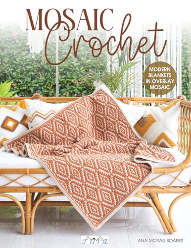 Book cover featuring a rust and white geometric mosaic crochet blanket on a rattan sofa.