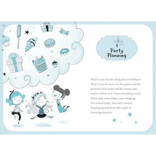 Children’s book page with illustrations of gifts, sweets, and three girls.
